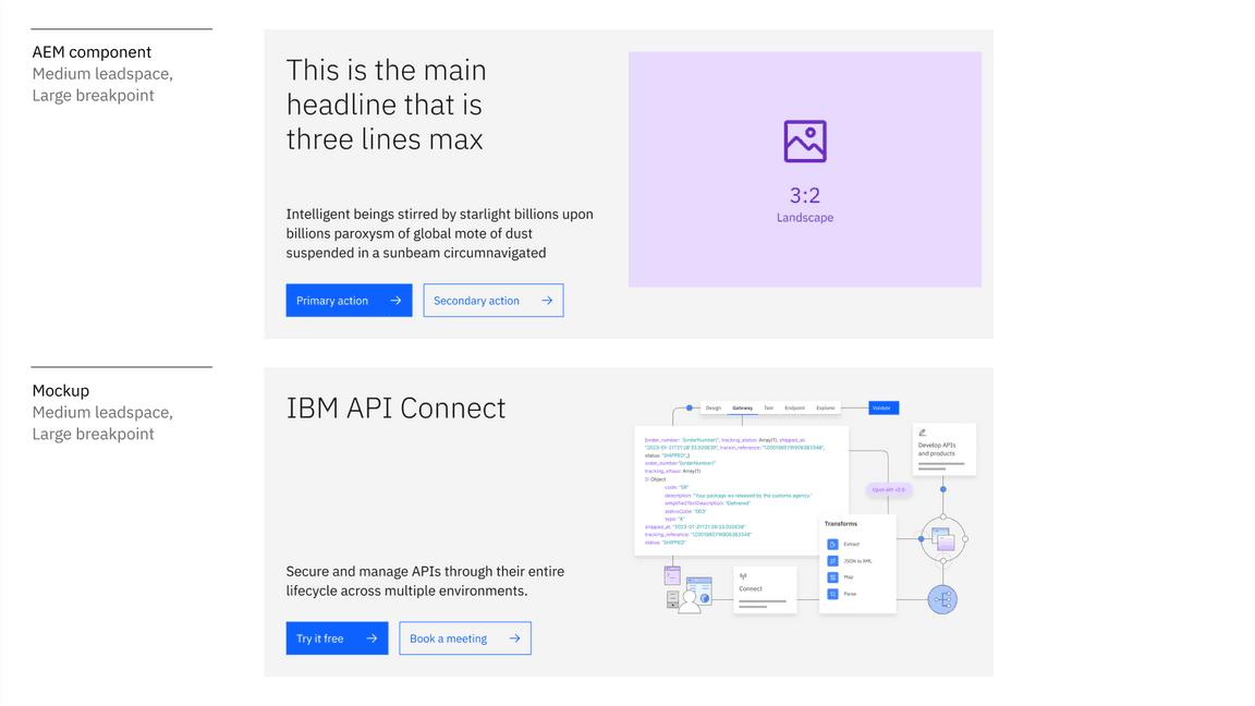 image comparing AEM component versus mockup using hybrid UI illustration